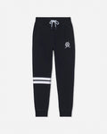 Black sweatpants with a white drawstring, a small white crest logo on the left thigh, and two horizontal white stripes near the lower left leg, shown against a light gray background.