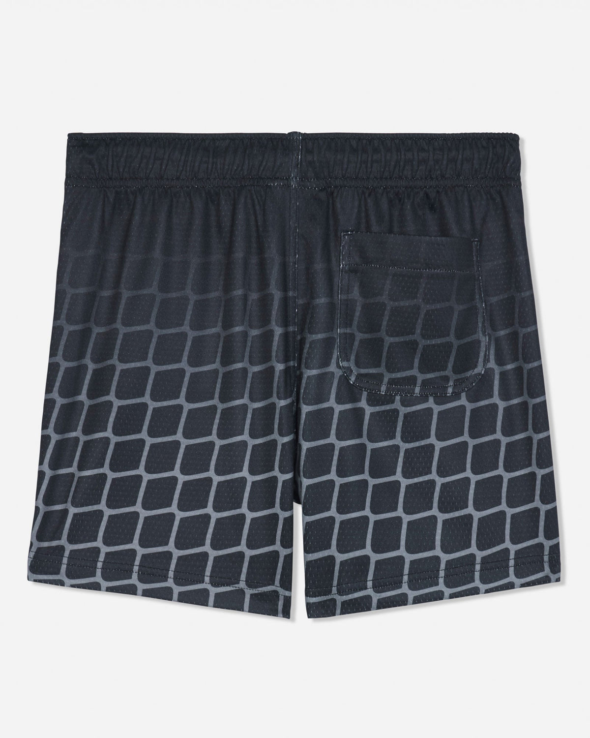 Back of black mesh shorts with a hockey net pattern