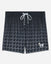 Front of black mesh shorts with a hockey net pattern