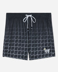 Front of black mesh shorts with a hockey net pattern