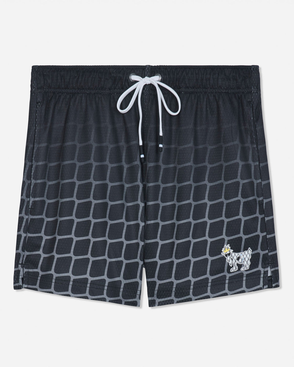 Front of black mesh shorts with a hockey net pattern