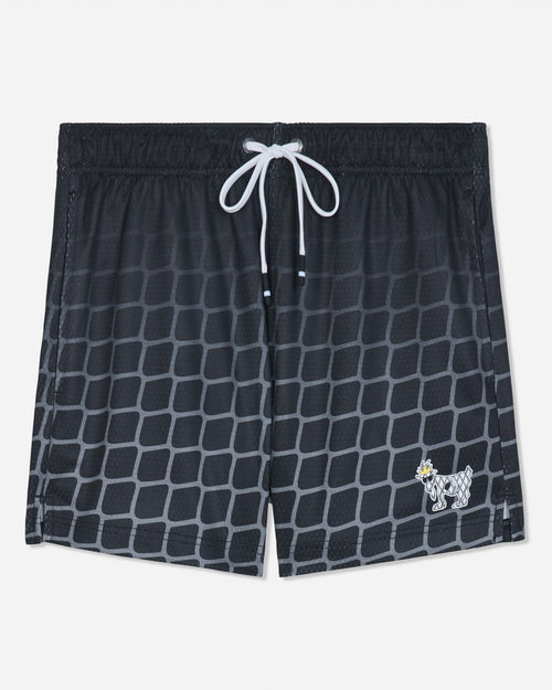 Front of black mesh shorts with a hockey net pattern