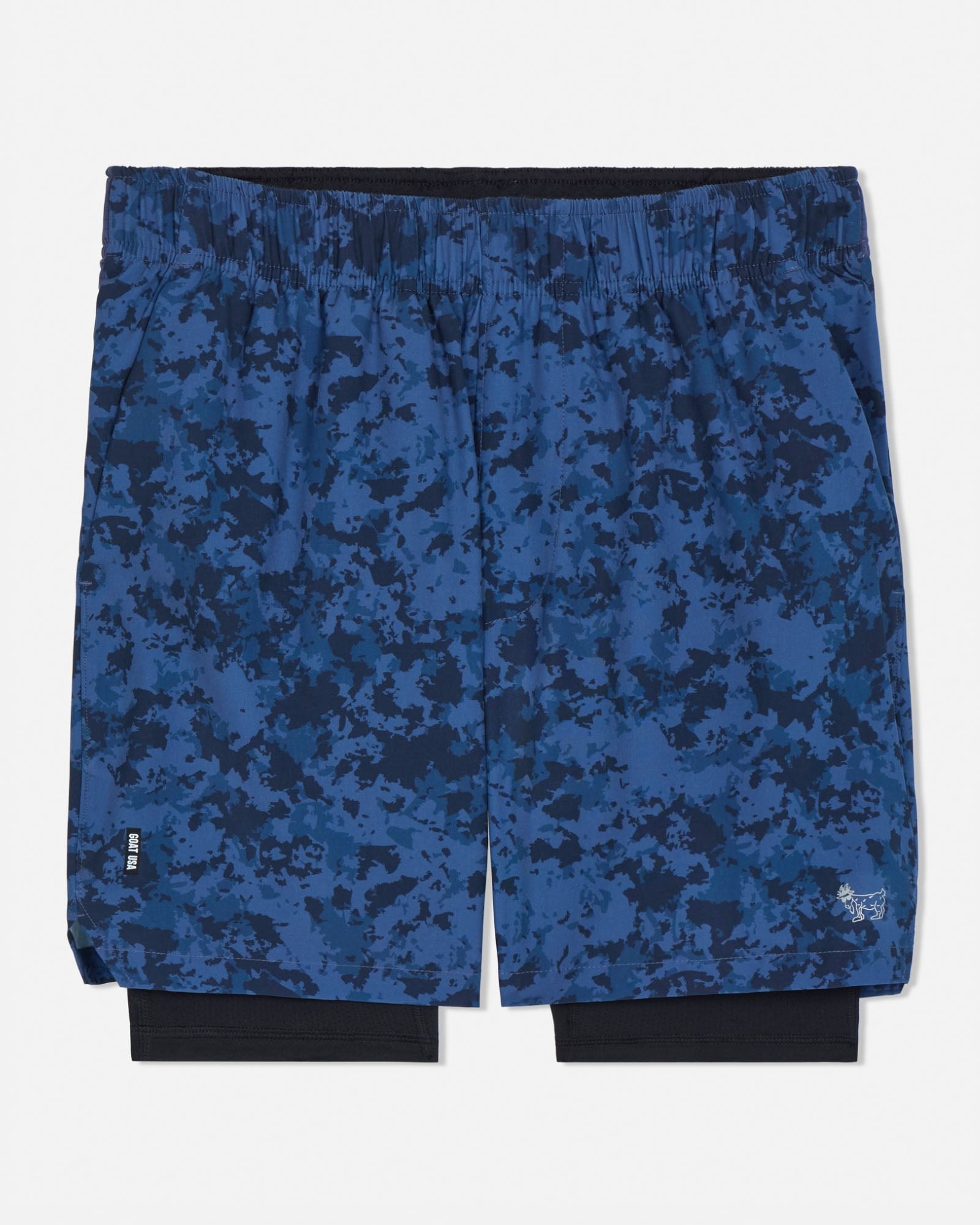 Blue camouflage shorts on a white background#color_navy-camo