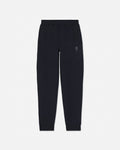 Black sweatpants with an elastic waistband, side pockets, and a small embroidered logo on the left thigh, shown against a plain light gray background.