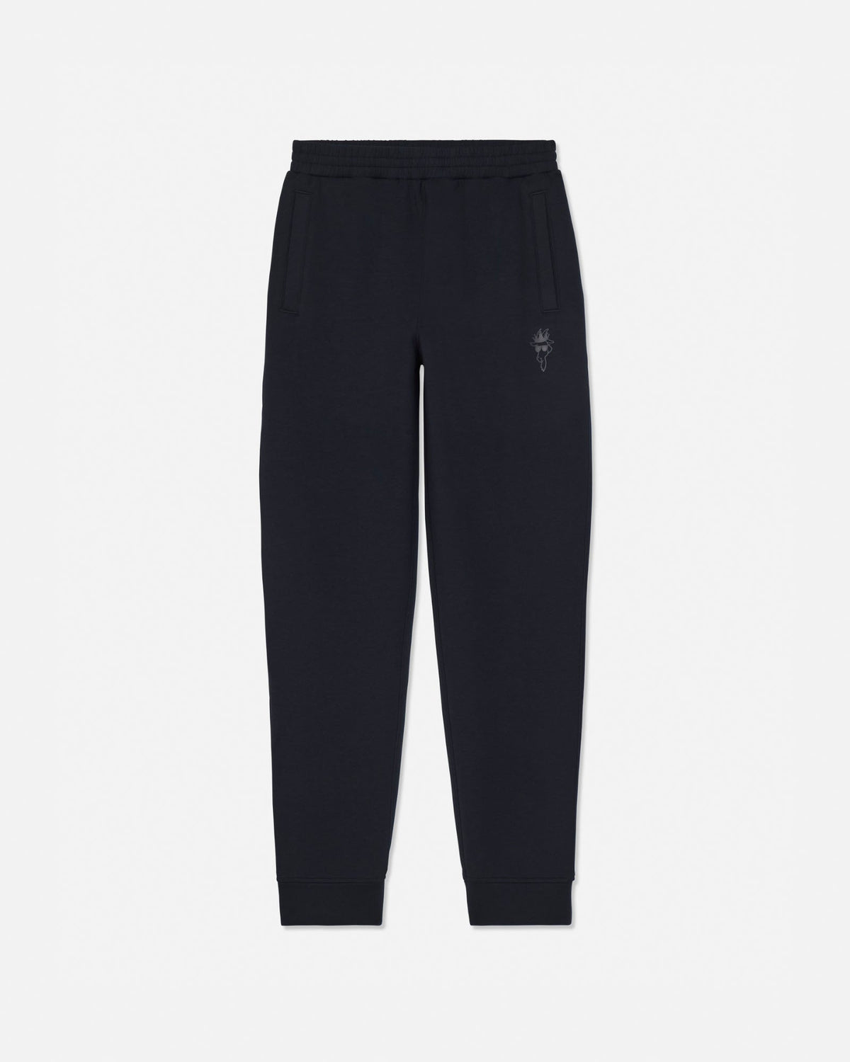 Black sweatpants with an elastic waistband, side pockets, and a small embroidered logo on the left thigh, shown against a plain light gray background.#color_black