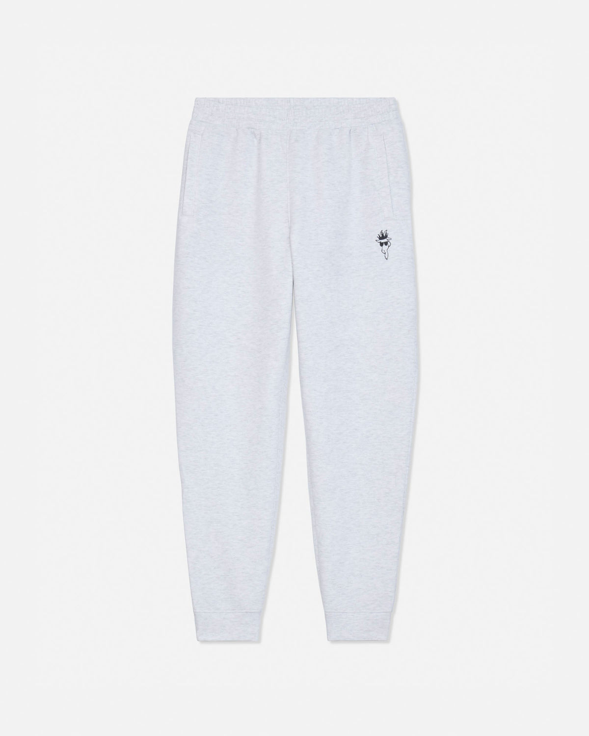 Light gray heather sweatpants with an elastic waistband and ankle cuffs, featuring a small black embroidered rose logo on the left thigh.#color_pale-gray