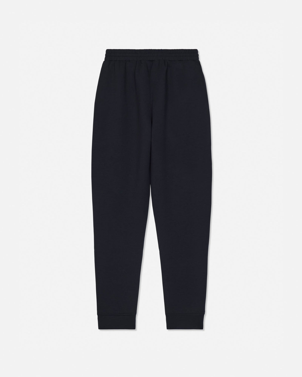 A pair of black sweatpants with an elastic waistband and ribbed ankle cuffs, shown flat against a light gray background.