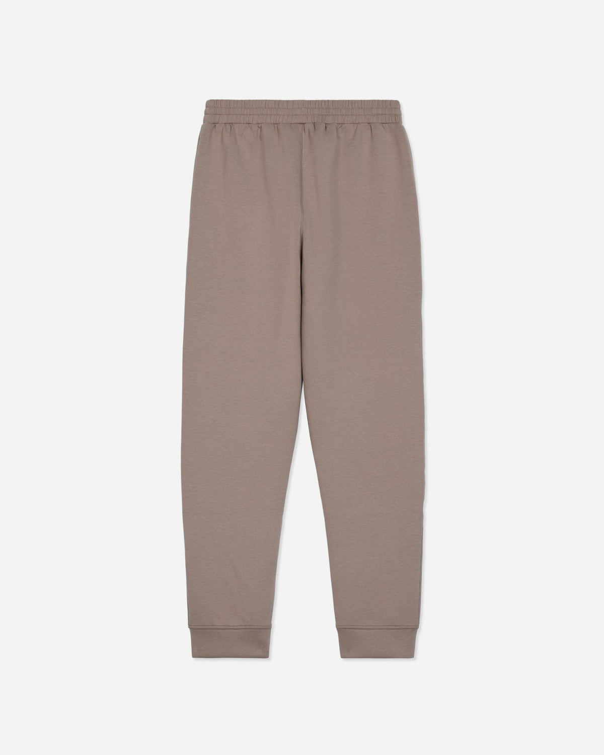 A pair of solid taupe sweatpants with an elastic waistband and ribbed ankle cuffs, shown flat against a light gray background.