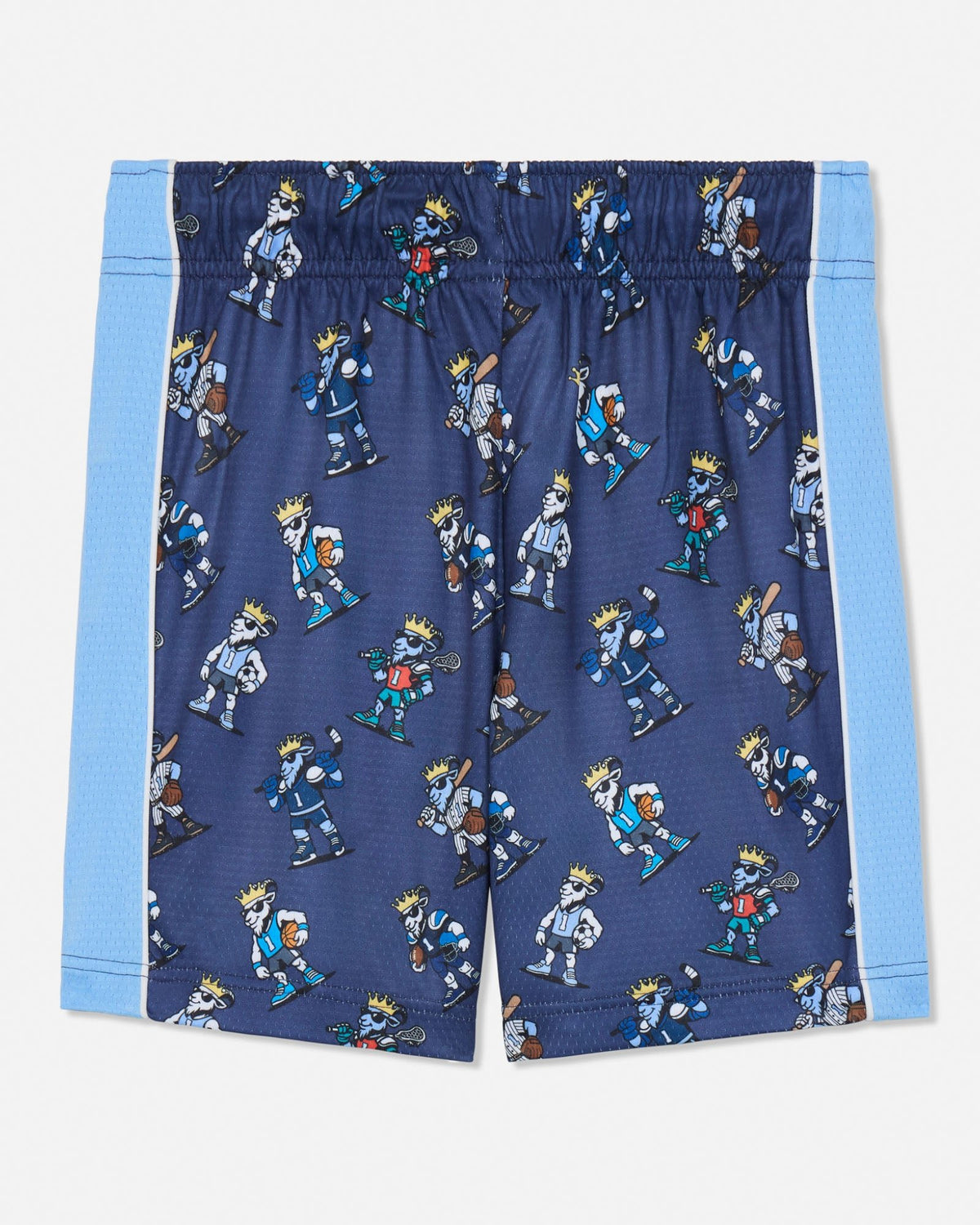 A pair of navy blue athletic shorts featuring an all-over print of cartoon soccer players wearing crowns, with light blue side panels and white piping.