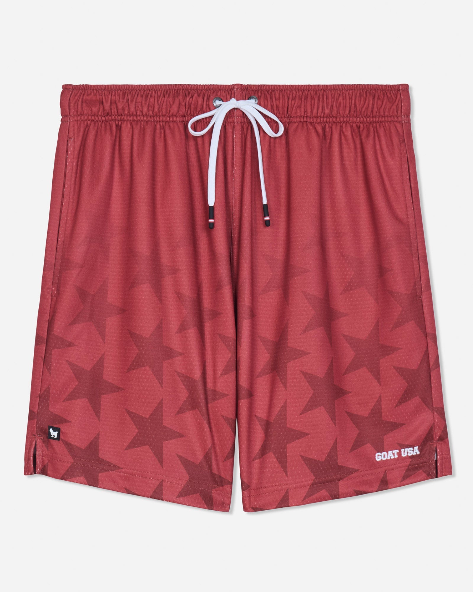 Front of red mesh shorts with a star pattern#color_tomato