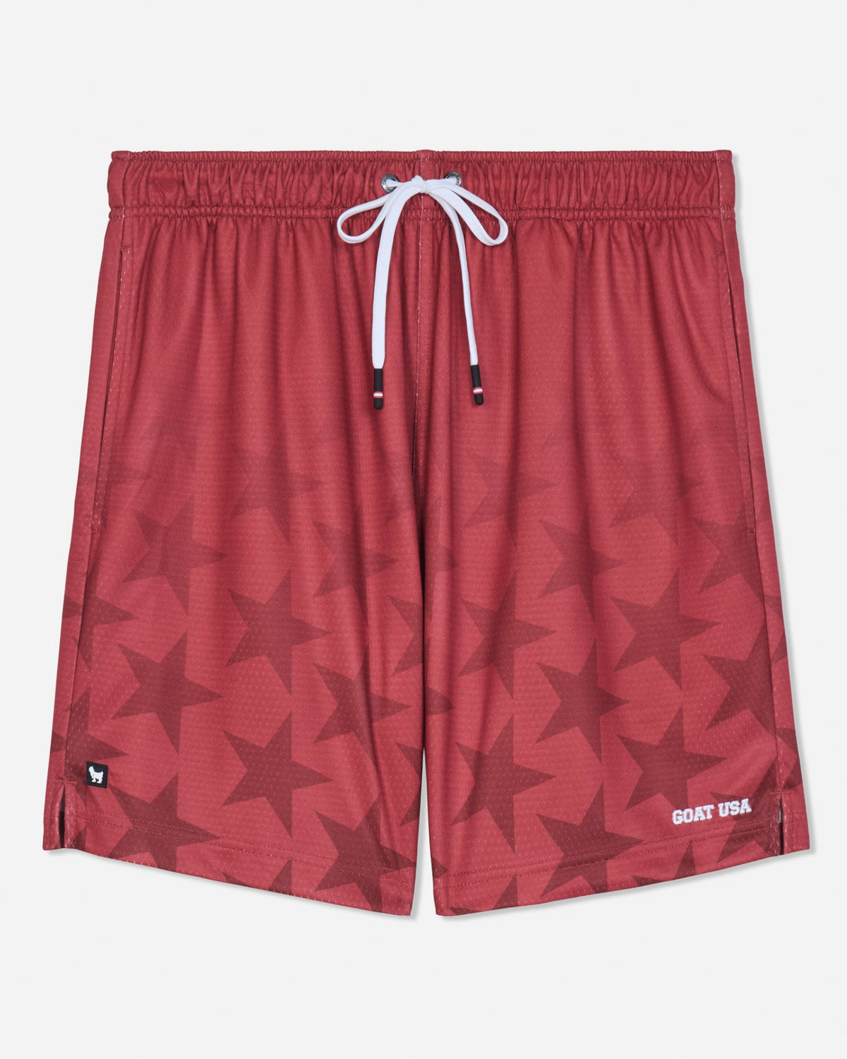 Front of red mesh shorts with a star pattern#color_tomato