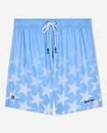 Front of carolina blue mesh shorts with a star pattern