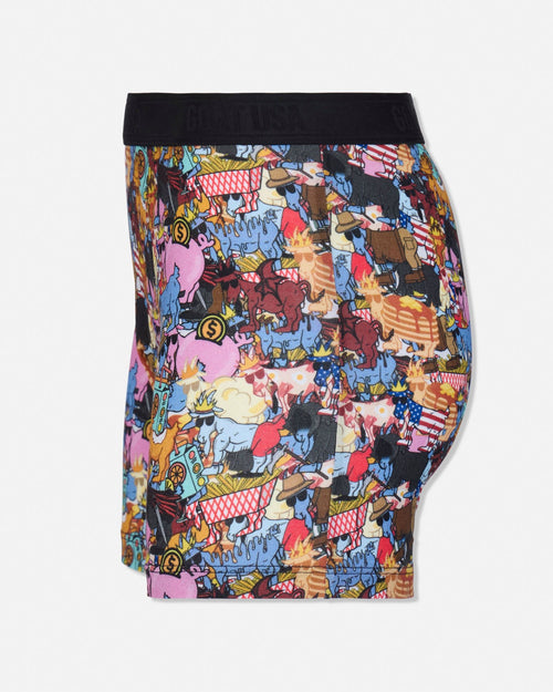 A pair of men's boxer briefs featuring a vibrant, multicolor graphic print of various cartoon-style animals and symbols, with a solid black waistband, shown against a light gray background.