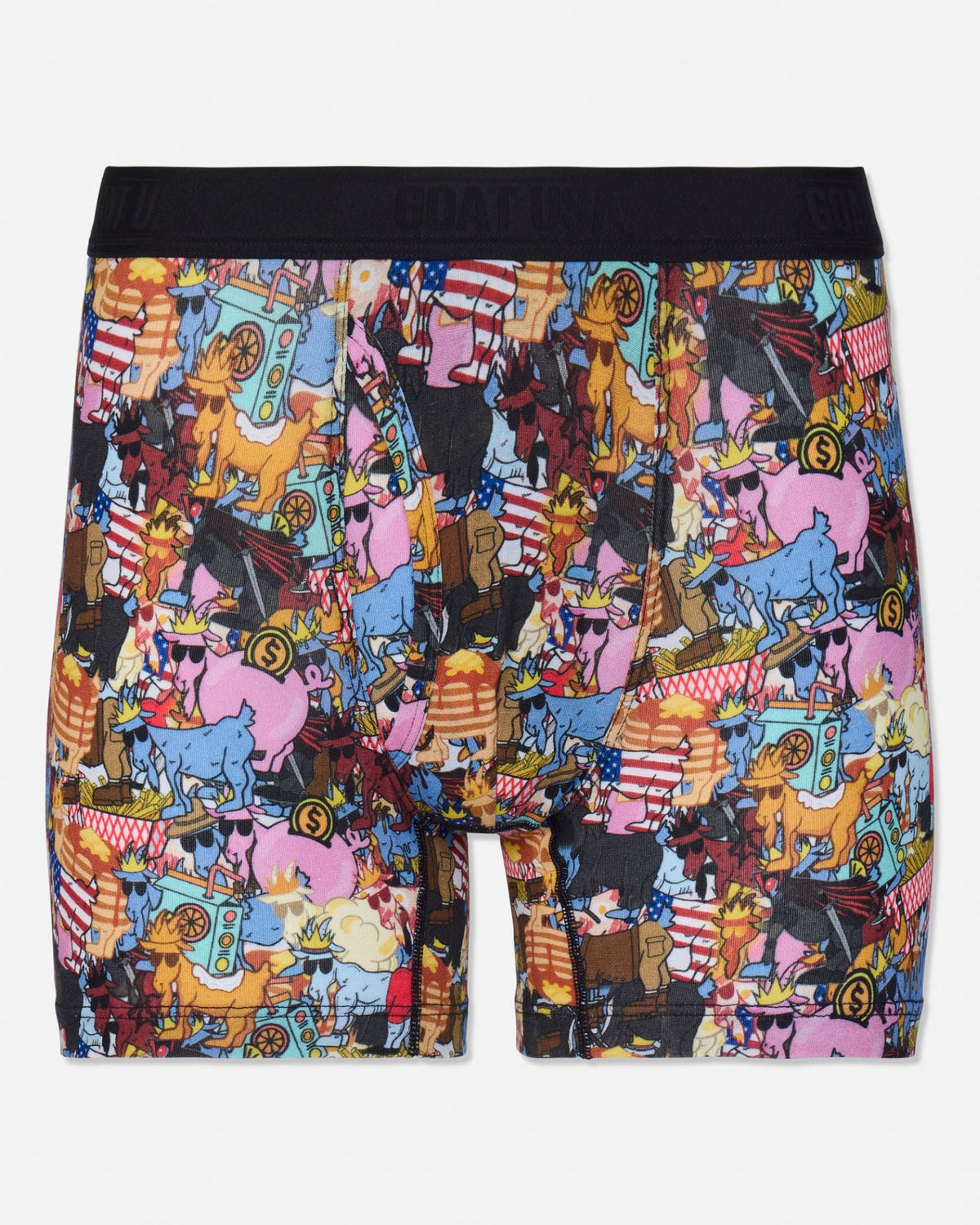 A pair of men's boxer briefs featuring a dense, colorful graphic print of various cartoon animals, circus elements, and American flag motifs, with a solid black elastic waistband.