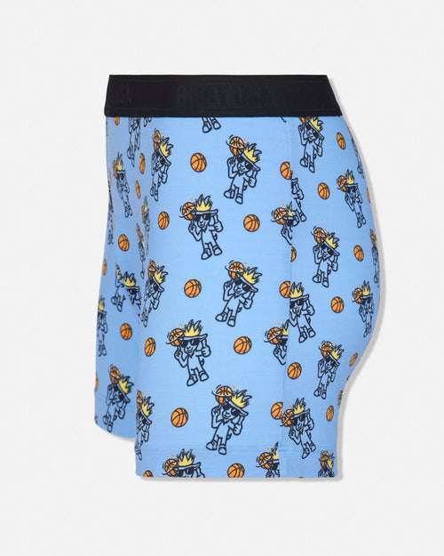 Light blue boxer briefs with an all-over print of cartoon basketball characters and orange basketballs, featuring a contrasting black waistband.