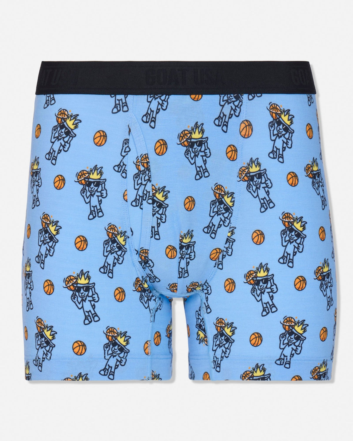 Light blue boxer briefs with an all-over cartoon print of basketball players and orange basketballs, featuring a black elastic waistband with white branding.