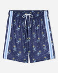 Front of navy mesh shorts with blue goat and hockey design