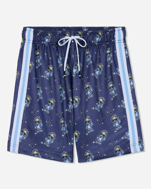 Front of navy mesh shorts with blue goat and hockey design