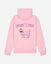 Pink hoodie with graphic design and text on a light gray background