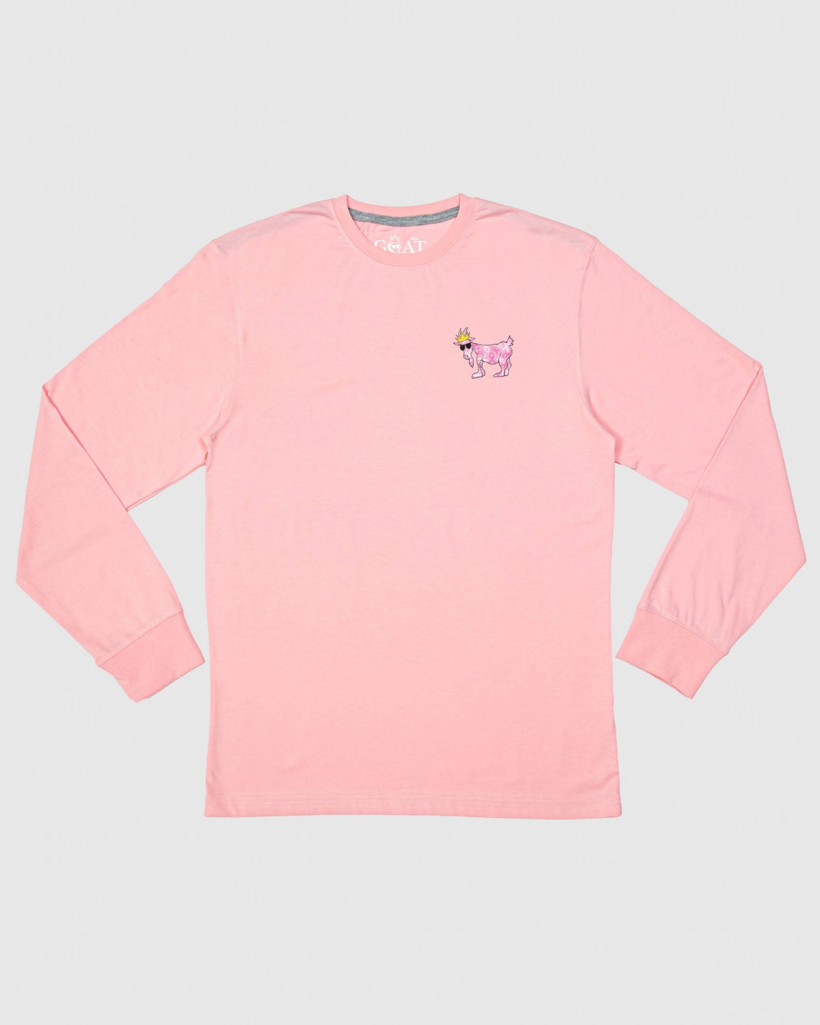 Pink long sleeve with breast cancer awareness logo and goat left chest logo
