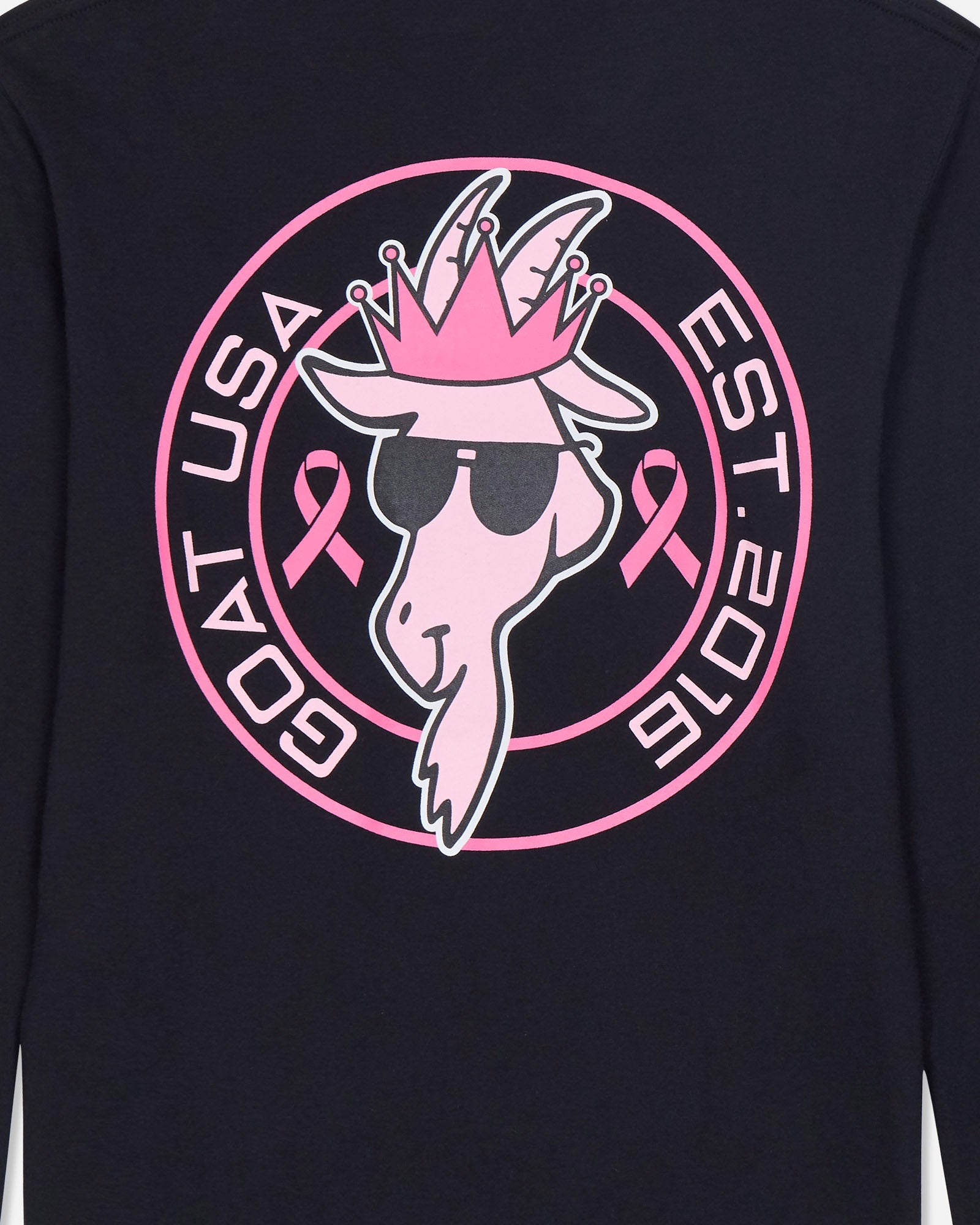 Black long sleeve with pink graphic design featuring a goat head and text