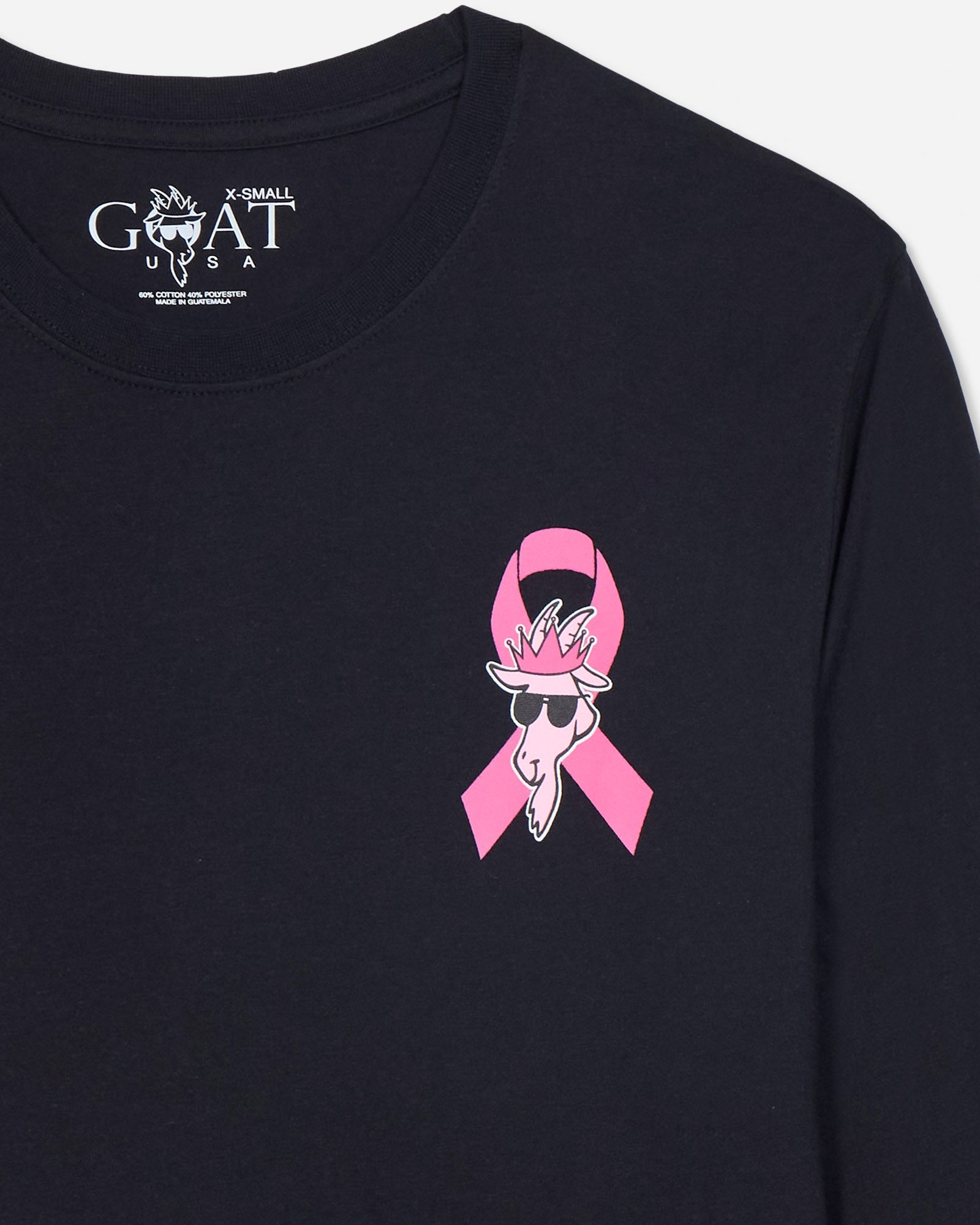 Black long-sleeve shirt with pink breast cancer awareness ribbon design on a light gray background