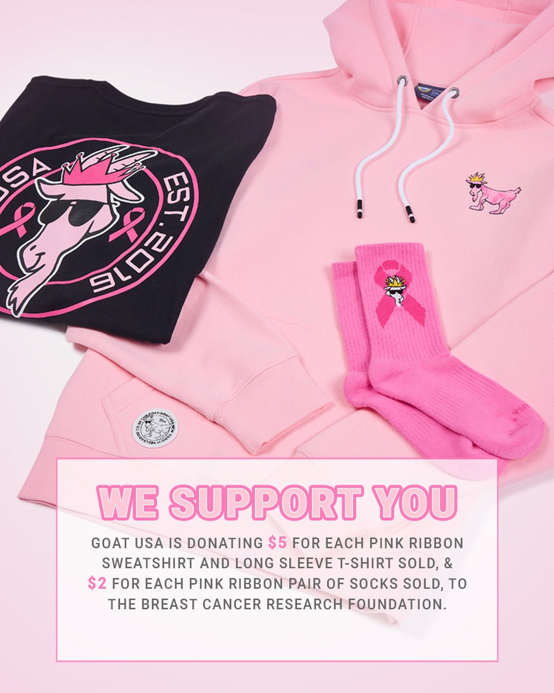 Three Breast Cancer Awareness theme products laid out with information about donations to a charity that will be made per product sold 