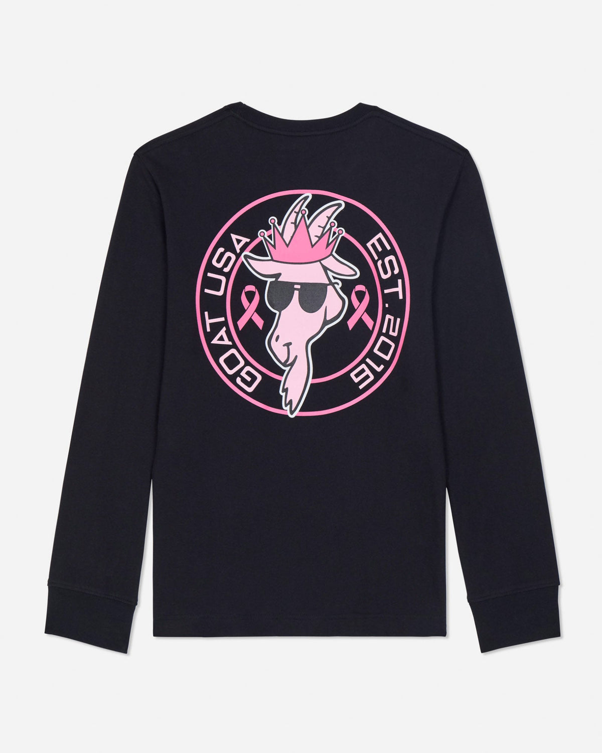 Black long sleeve with pink graphic design on a light gray background