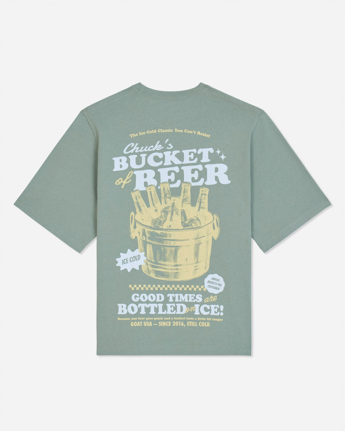 Back of steeped sage t-shirt with bucket of beers graphic and various lines of text