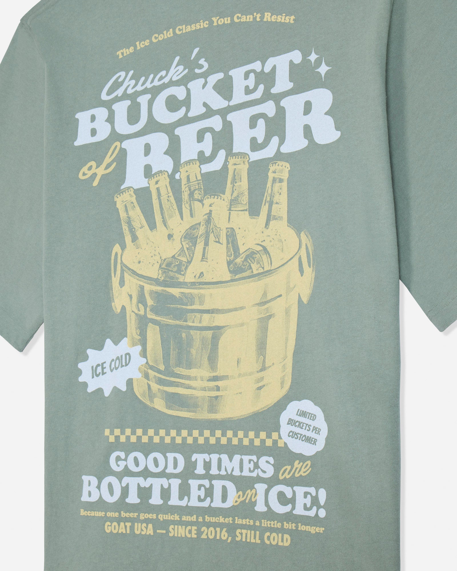 Close-up of steeped sage t-shirt with bucket of beers graphic and various lines of text