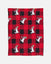 Red and black checkered blanket with cartoon goat design on a white background