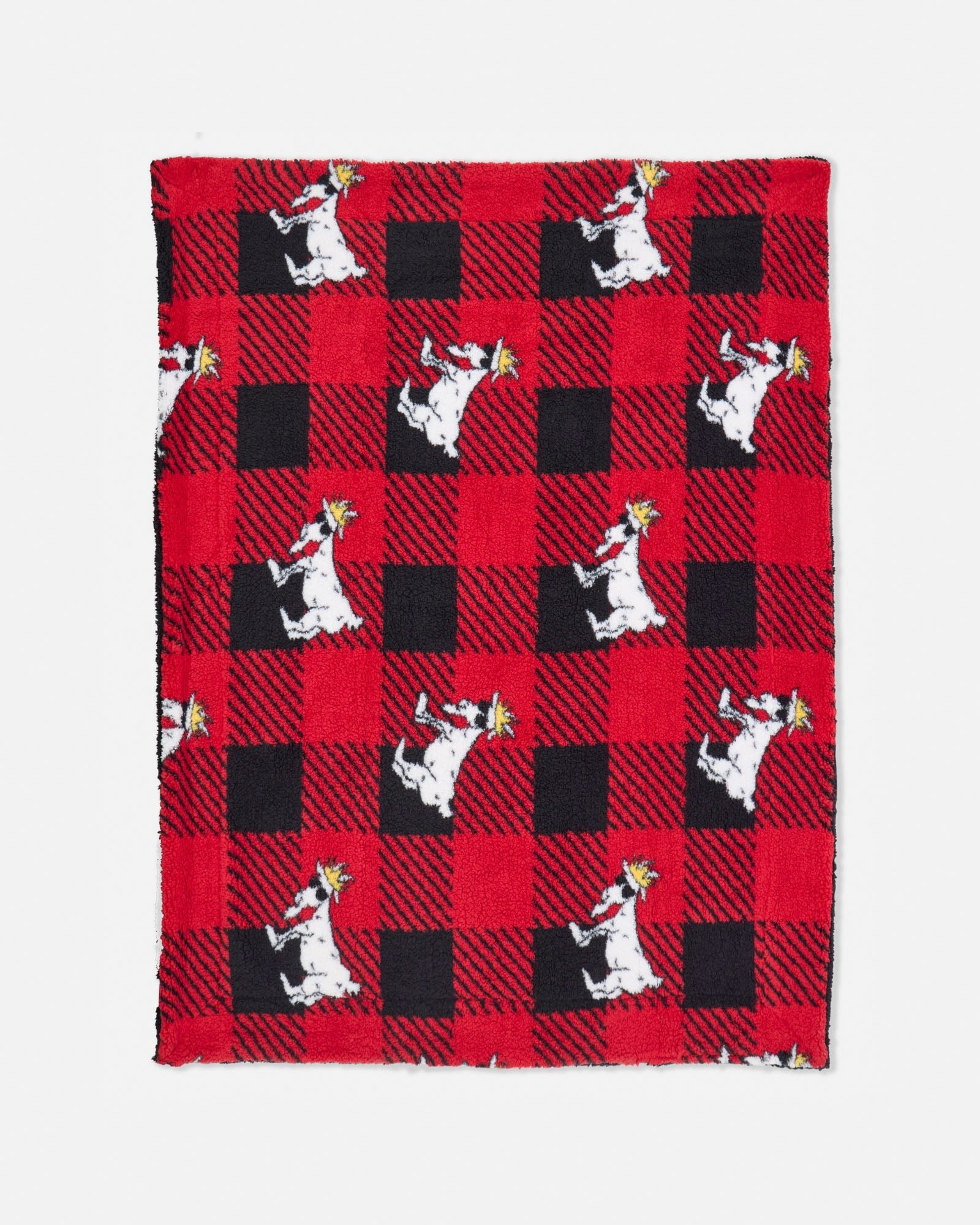 Red and black checkered blanket with cartoon goat design on a white background