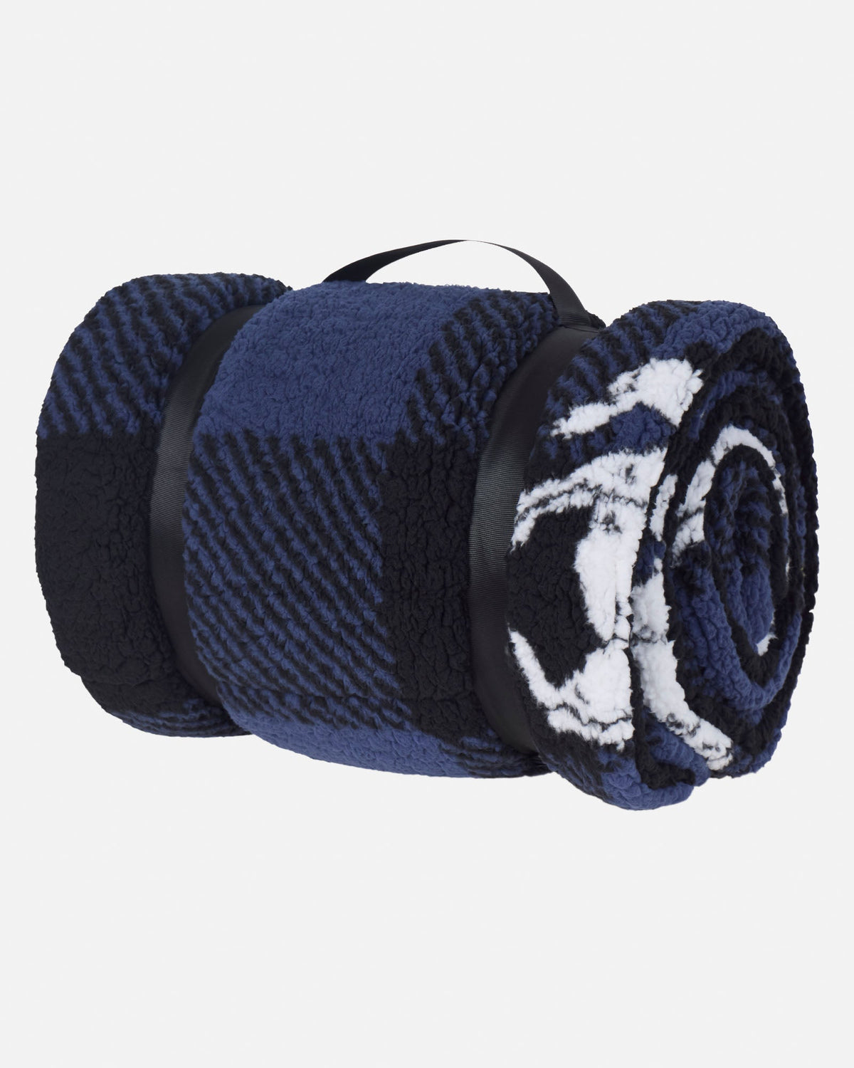 A rolled plush blanket with a navy blue and black plaid pattern on one side and a navy and white abstract pattern on the other, secured with black bands on a light gray background.