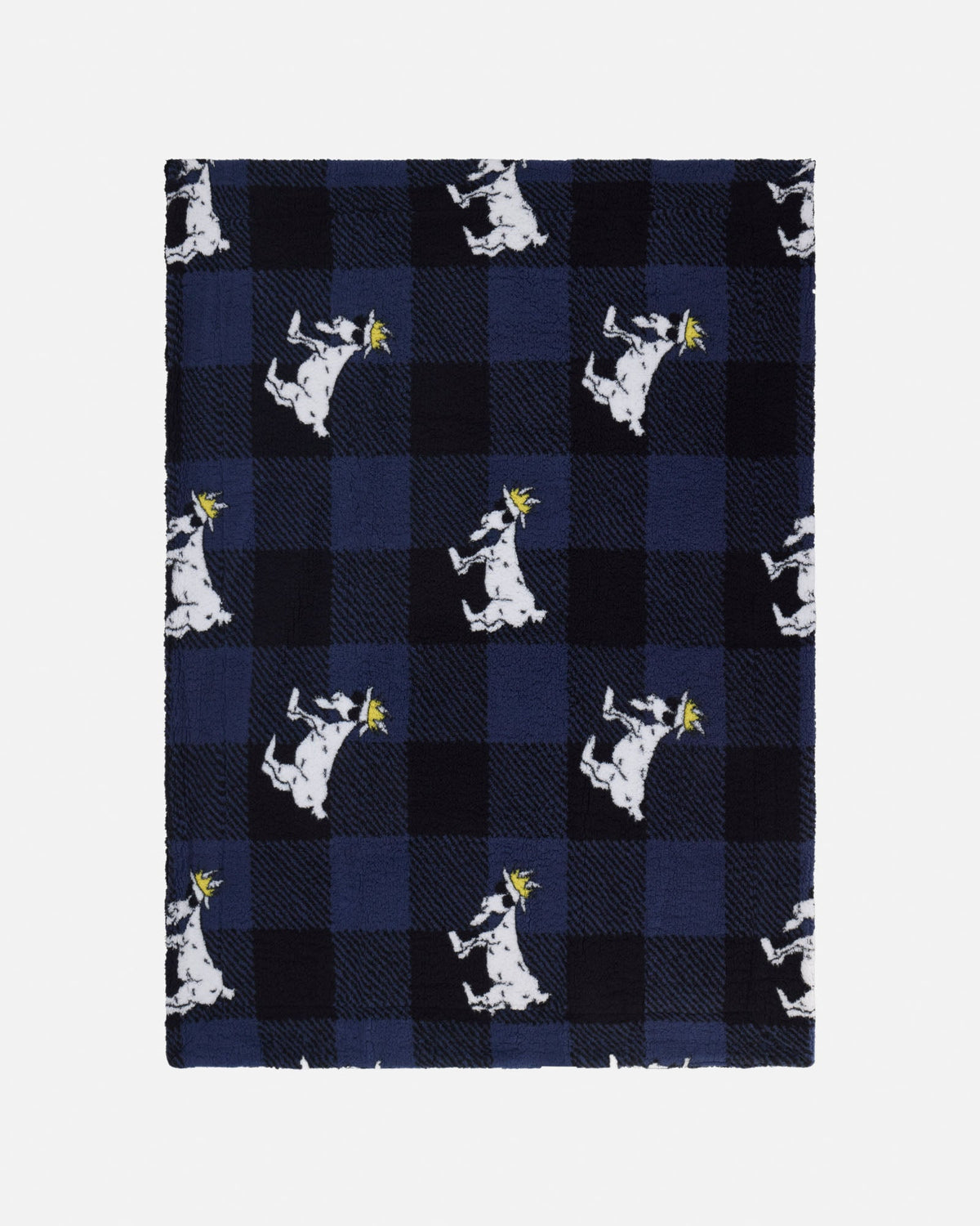 A rectangular woven textile, likely a blanket or throw, featuring a navy and black buffalo plaid pattern overlaid with a repeating motif of white goats wearing yellow crowns. The textile is shown flat against a light gray background.
