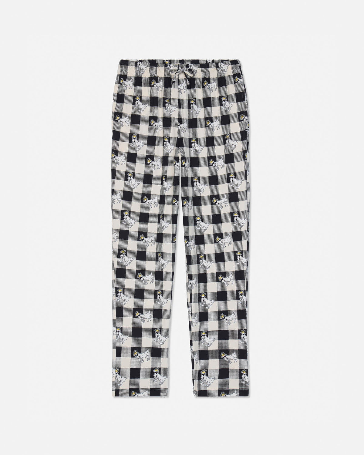 Black and white gingham check pajama pants with a white goat print pattern, featuring an elastic waistband and drawstring.