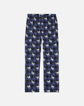 A pair of men's pajama pants featuring a navy blue and black buffalo plaid pattern with a repeating print of small white and black goat illustrations, displayed flat against a light gray background.