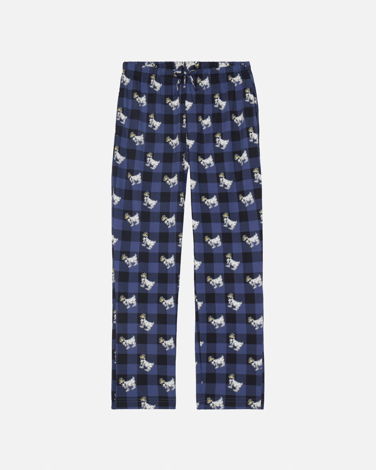 A pair of men's pajama pants featuring a navy blue and black buffalo plaid pattern with a repeating print of small white and black goat illustrations, displayed flat against a light gray background.