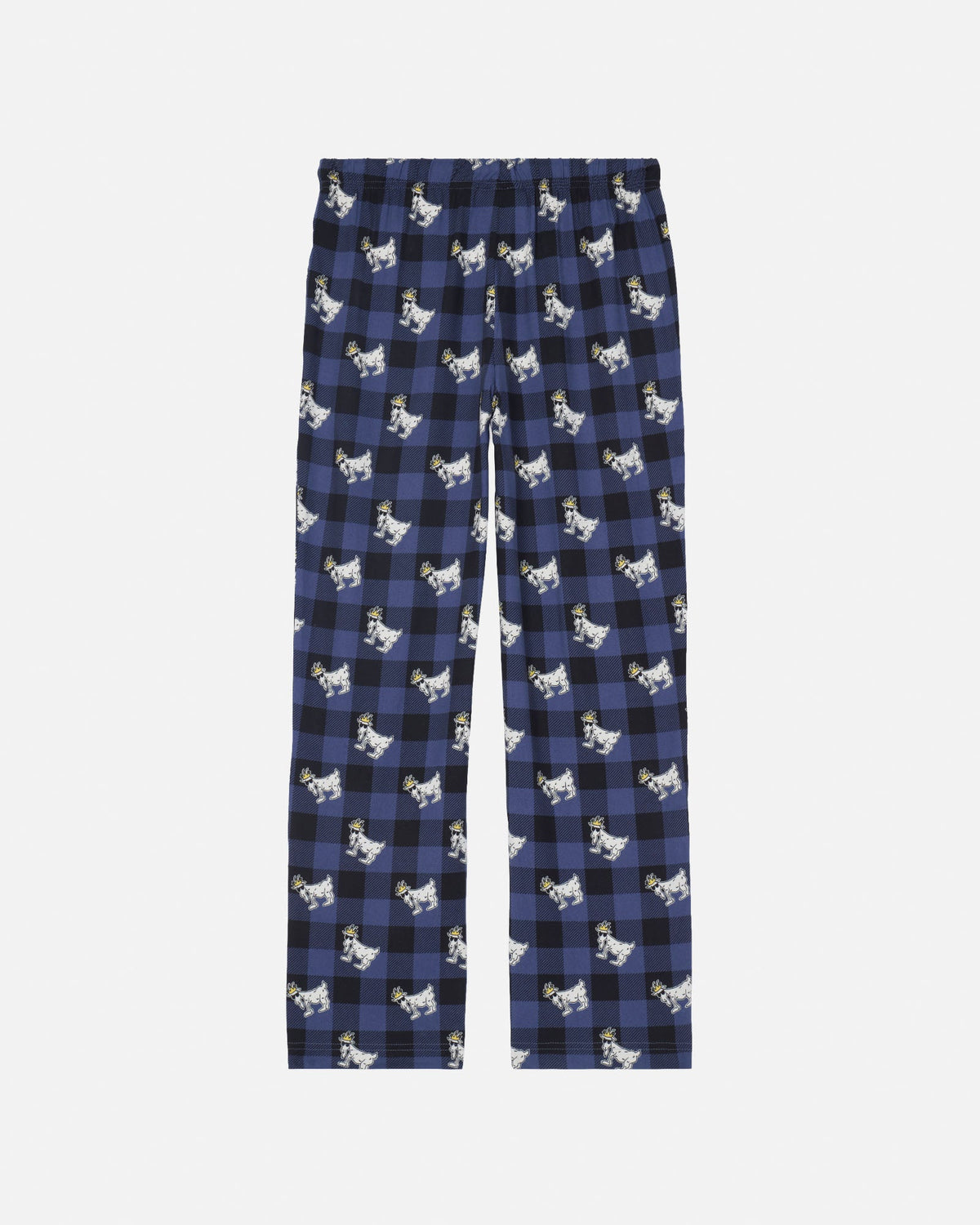 A pair of children's pajama pants featuring a navy blue and black buffalo plaid pattern with a repeating print of small white and black goat illustrations, shown flat against a light gray background.