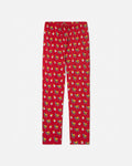 Red pajama pants with burger & fries pattern on a white background