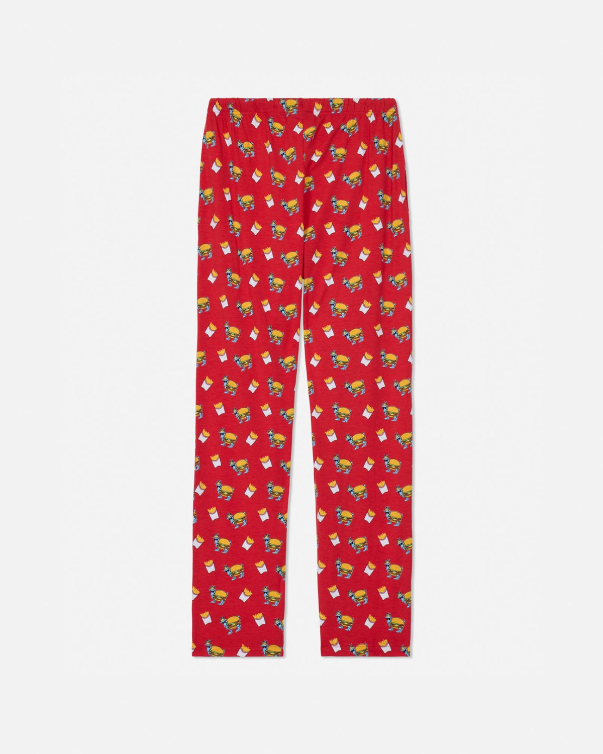 Red pants with burger & fries pattern on a white background