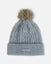 Gray knit beanie with a fur pom-pom on a light gray background