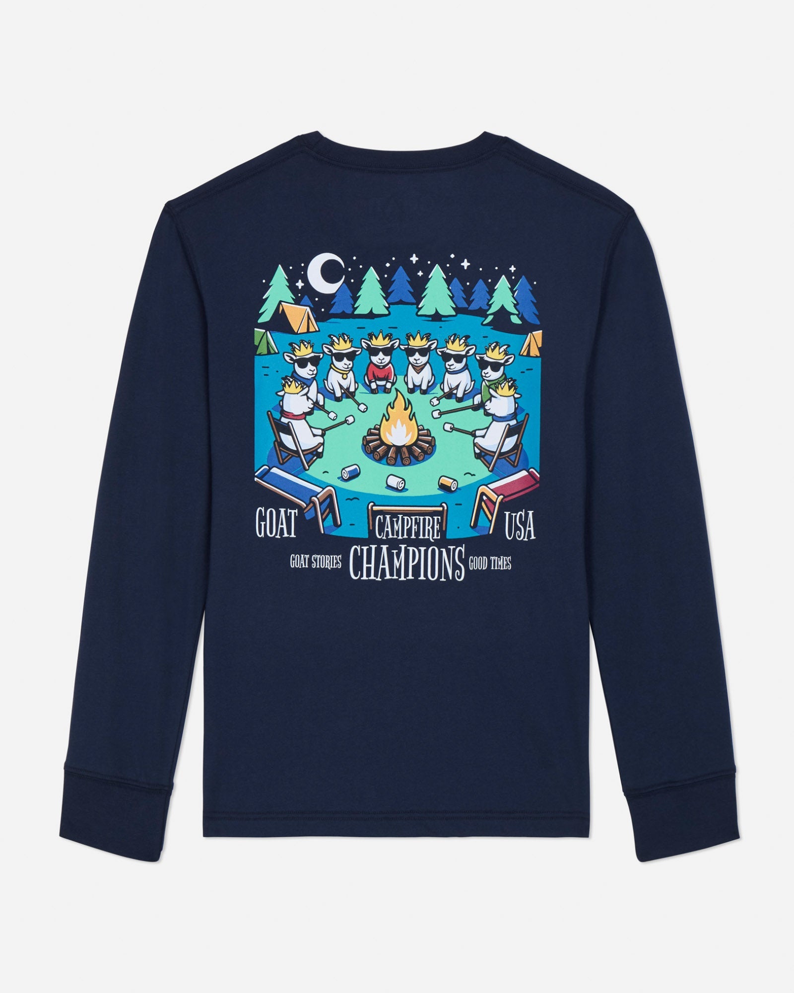 Navy long-sleeve shirt with a colorful graphic on the back against a light gray background