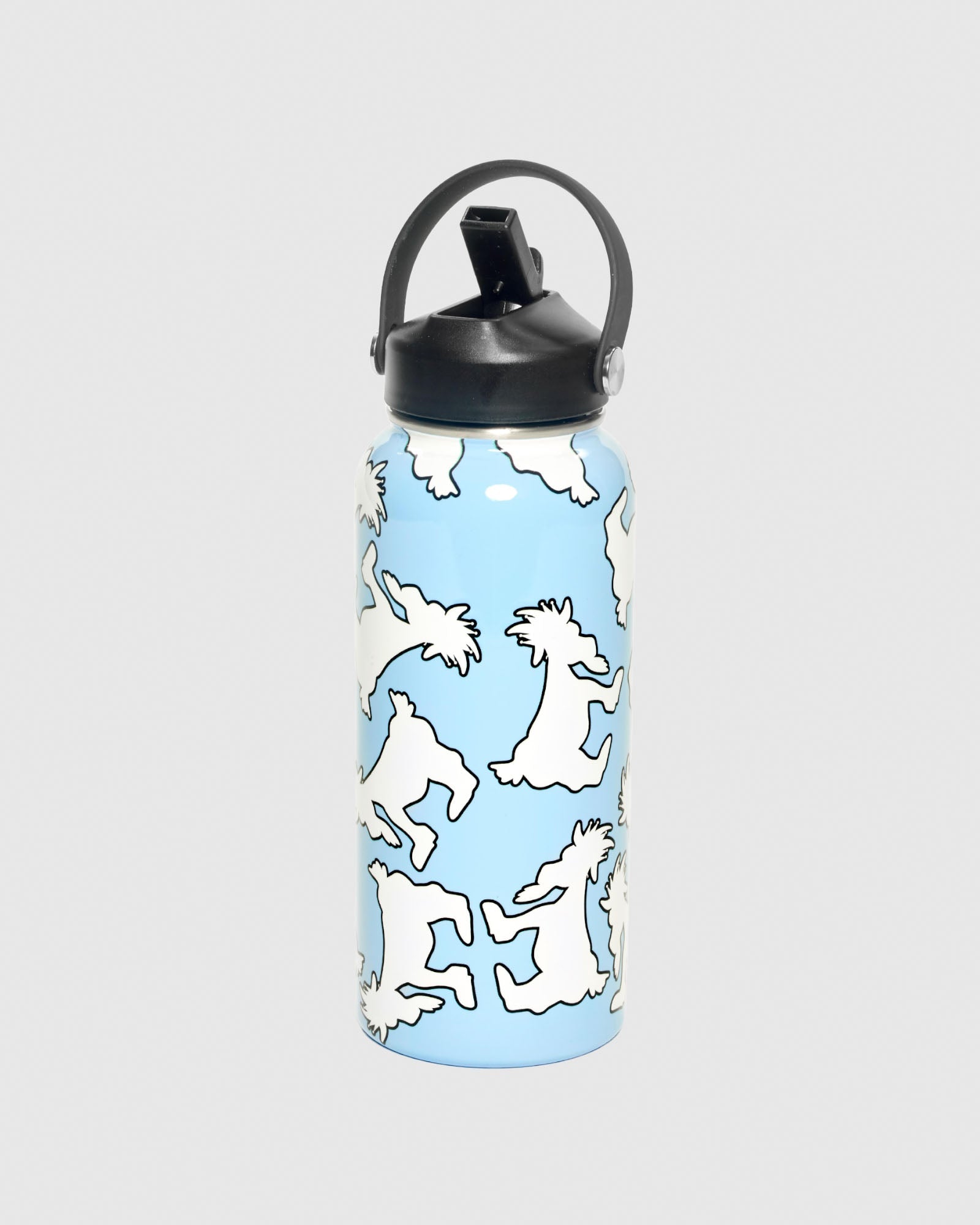 Light blue water bottle with white goat cutouts with the straw up