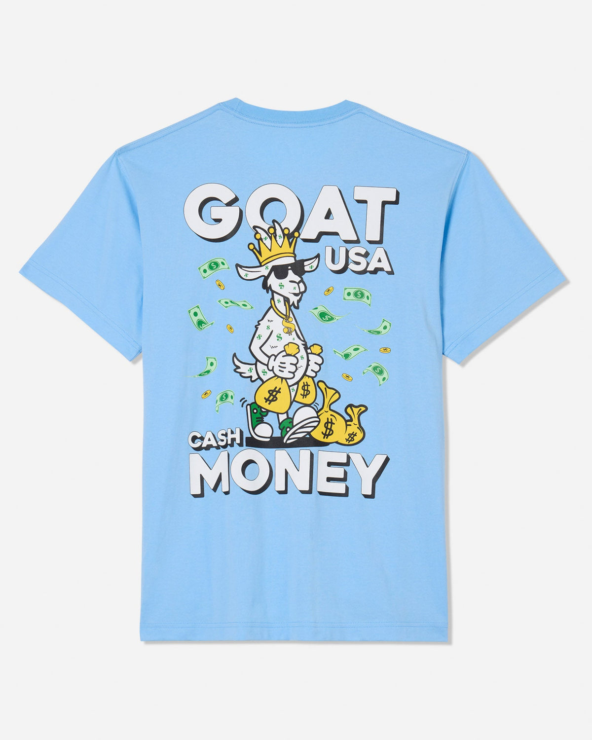 Back of carolina blue t-shirt with cash money GOAT walking with money bags and money flying around