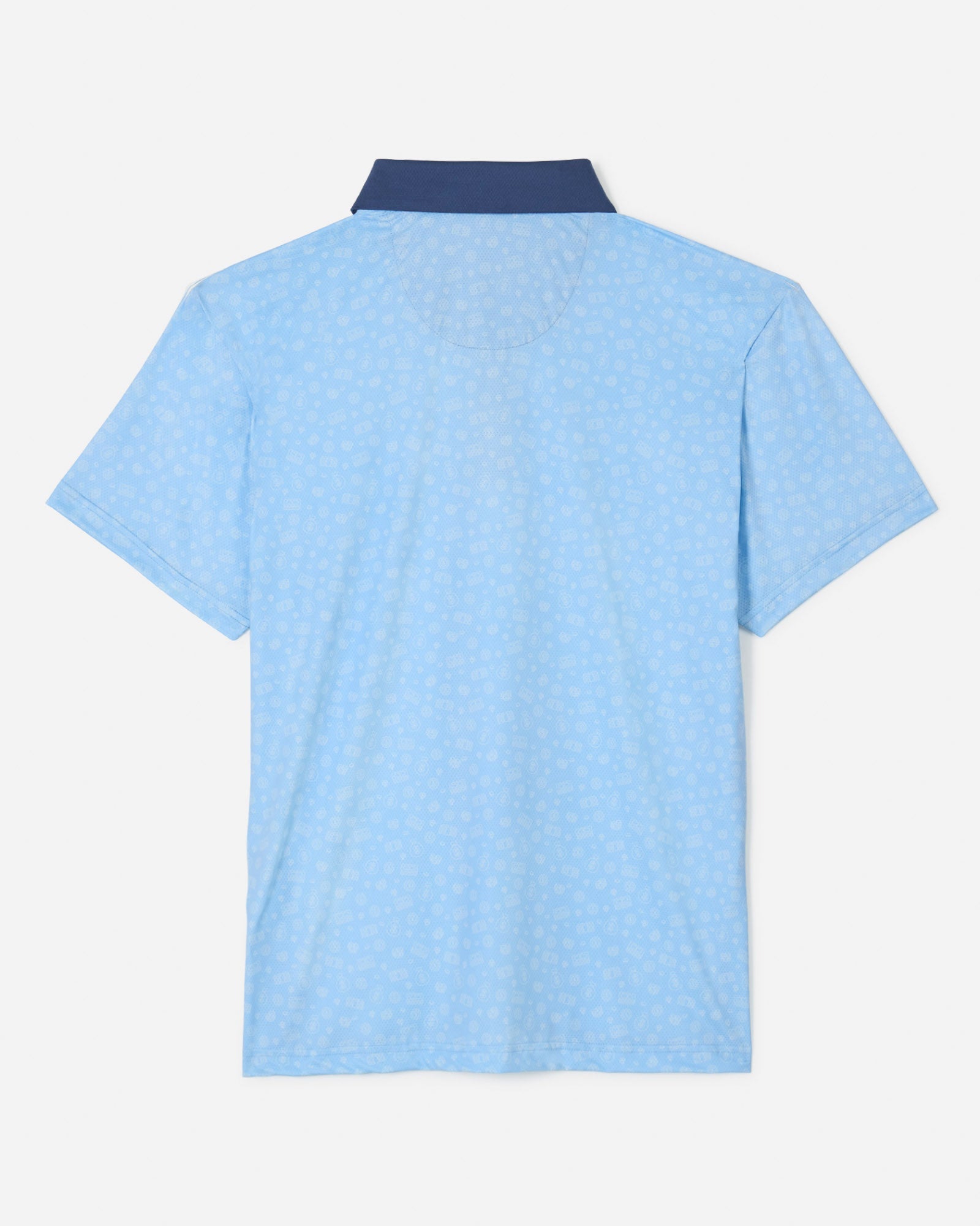 Back of carolina-blue colored polo with cash money pattern