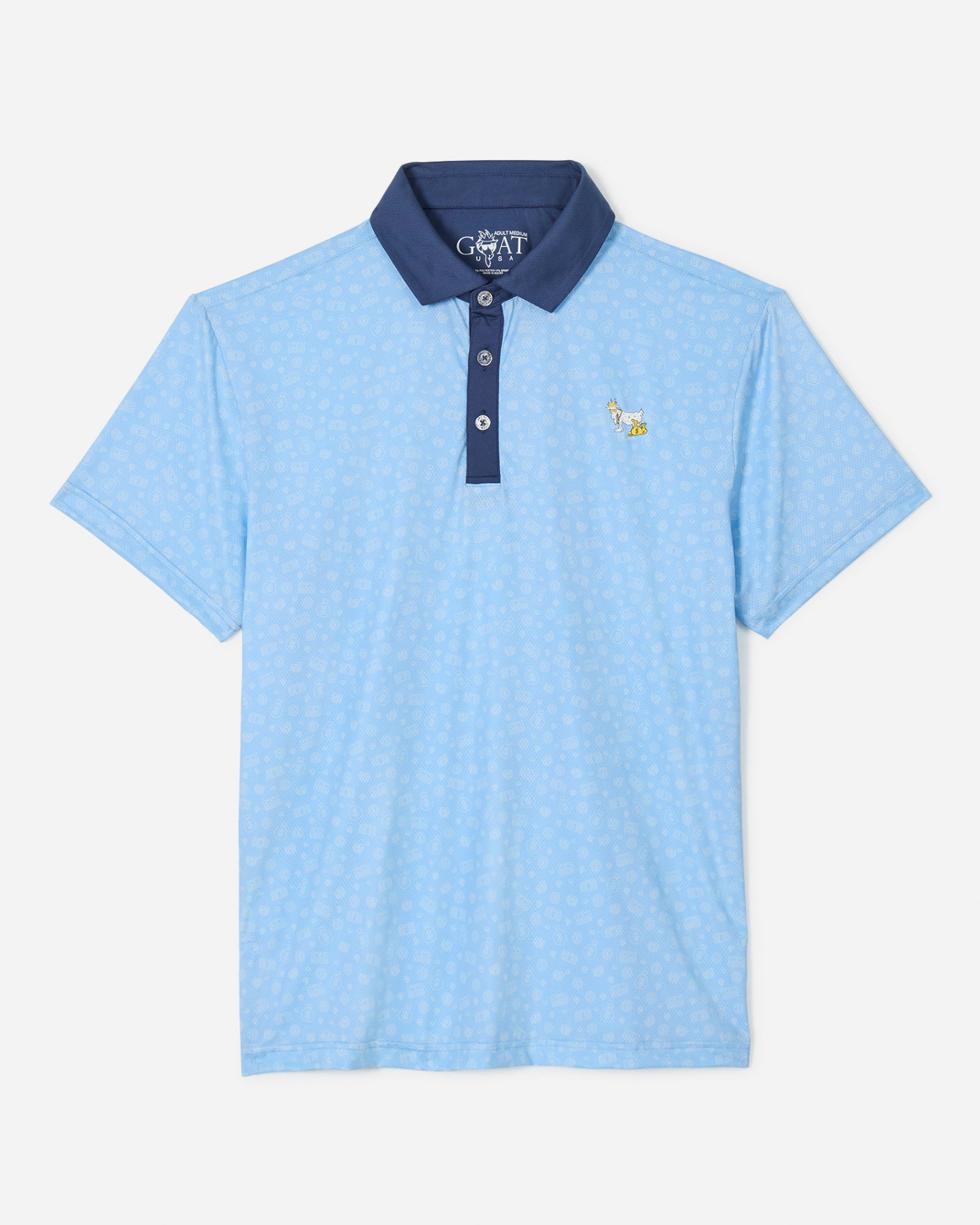 Front of carolina-blue colored polo with cash money pattern