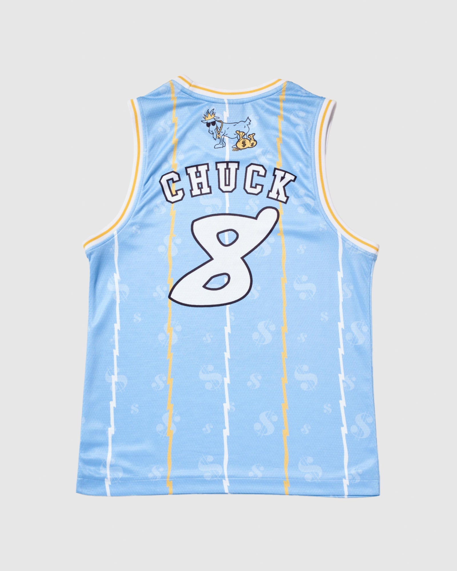 Back of carolina blue basketball jersey with GOAT USA logo and money bags