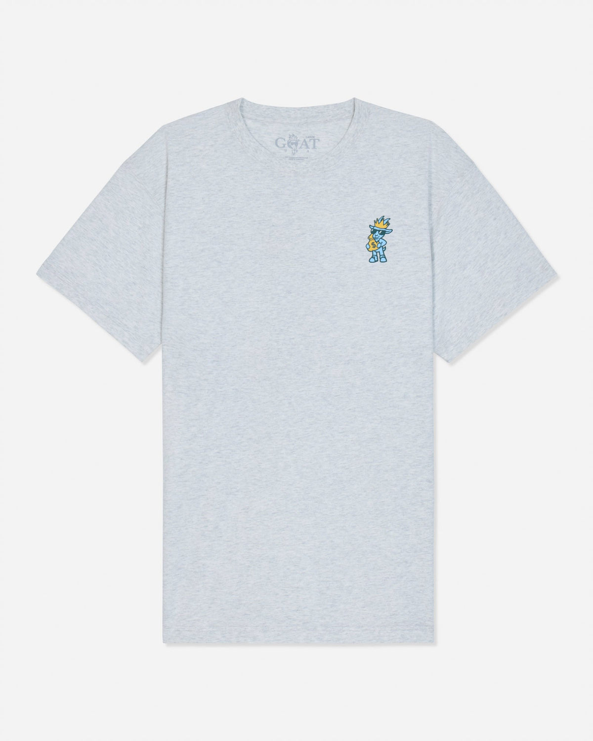 Front of gray t-shirt with goat holding a money bag left-chest grpahic