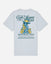 Back of gray t-shirt with goat holding money bags graphic
