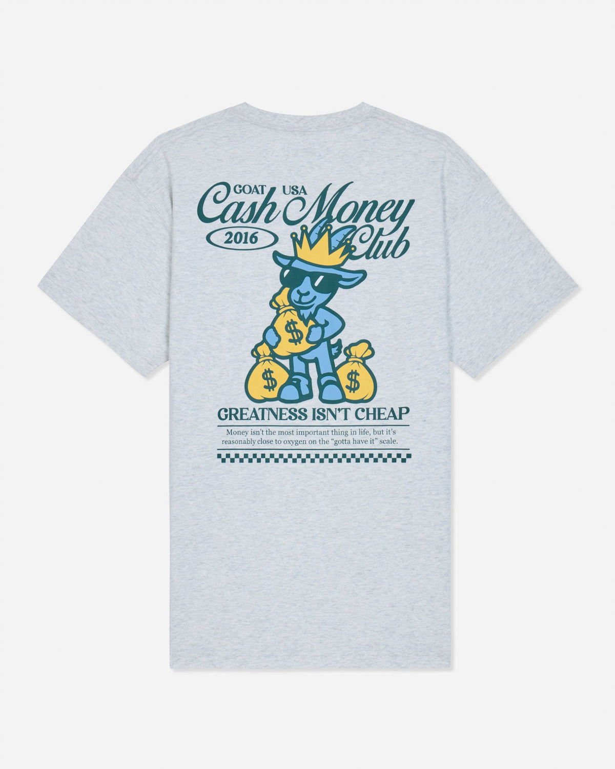 Back of gray t-shirt with goat holding money bags graphic